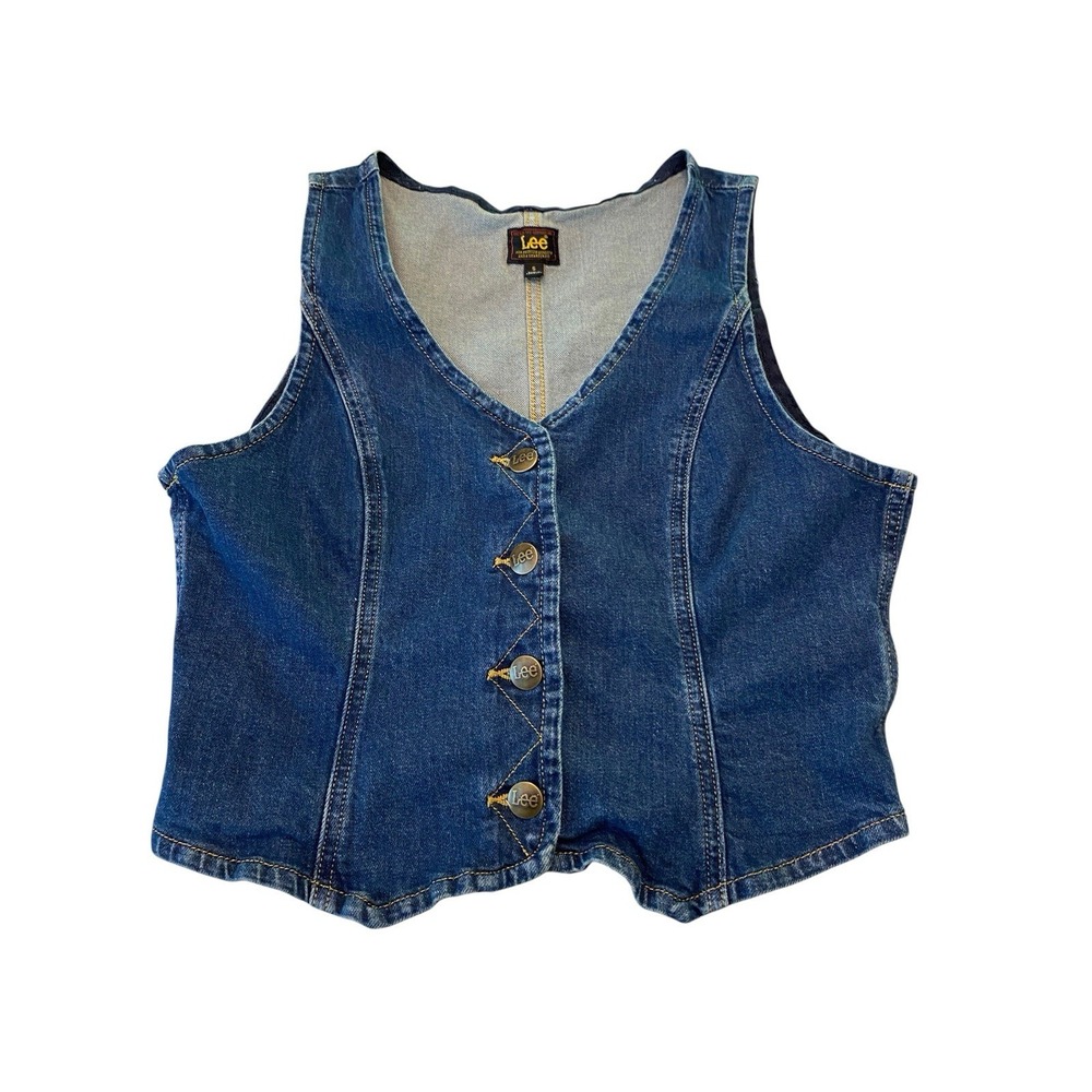 Lee Denim Vest Womens Small Blue Jean V Neck Button Front Fitted Y2K Western Vtg